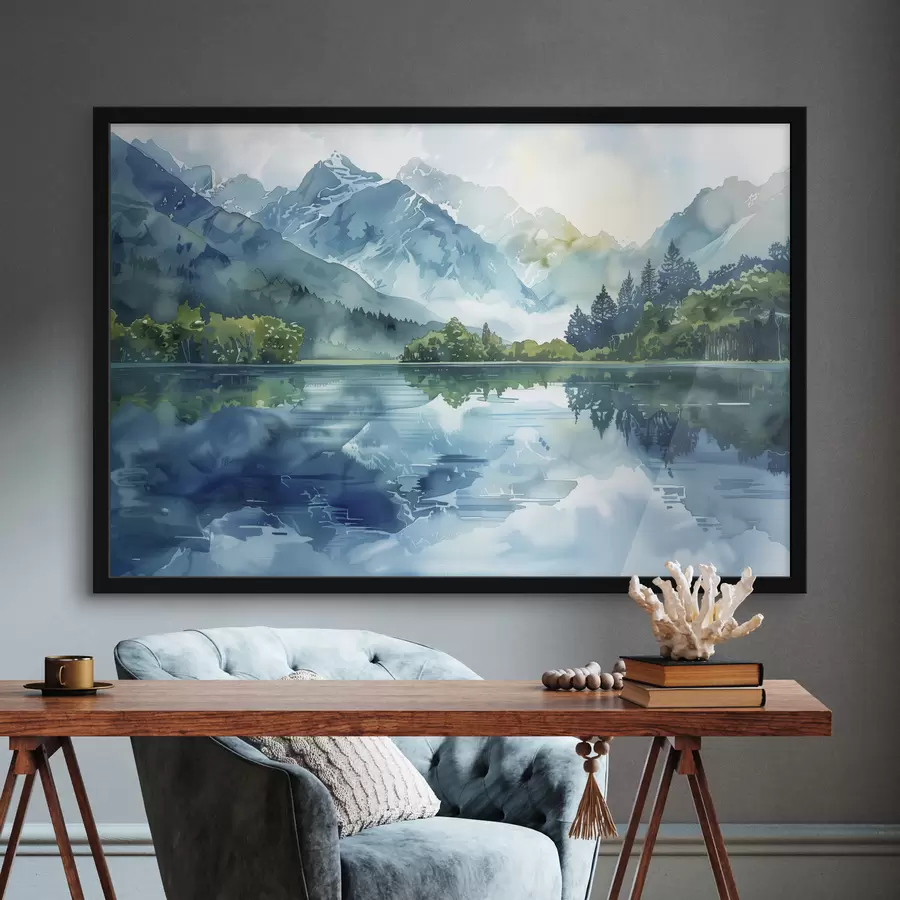 murales de pared Acuarela paisaje de montañas, río, colores verde y azul f40310