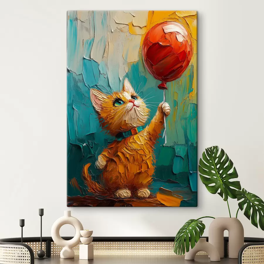 murales de pared Gato rojo sostiene un globo en sus manos, imitación de una pintura al óleo s40649