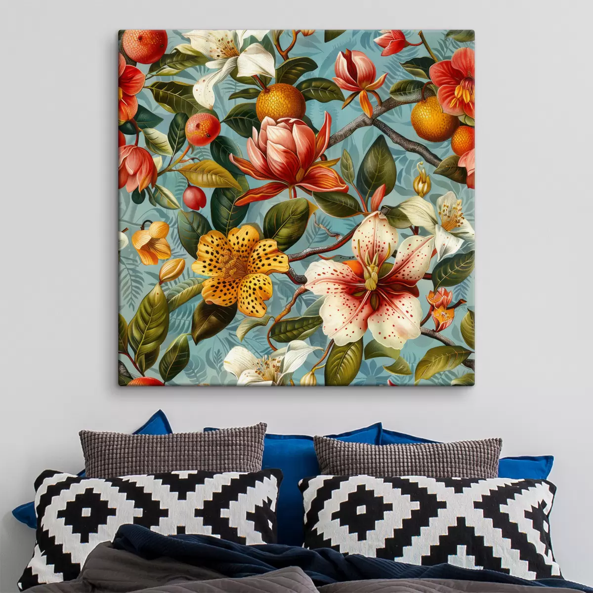 murales de pared Composición tropical con diversas plantas y flores tropicales sobre fondo azul s40665