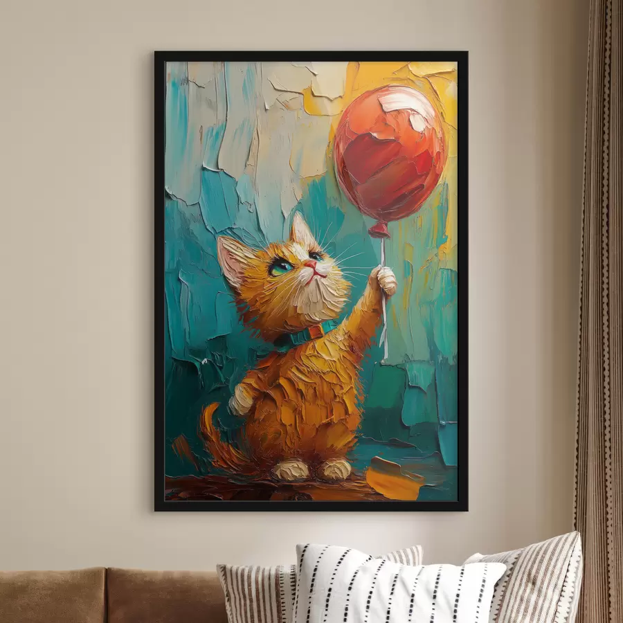 murales de pared Gato rojo sostiene un globo en sus manos, imitación de una pintura al óleo f40649