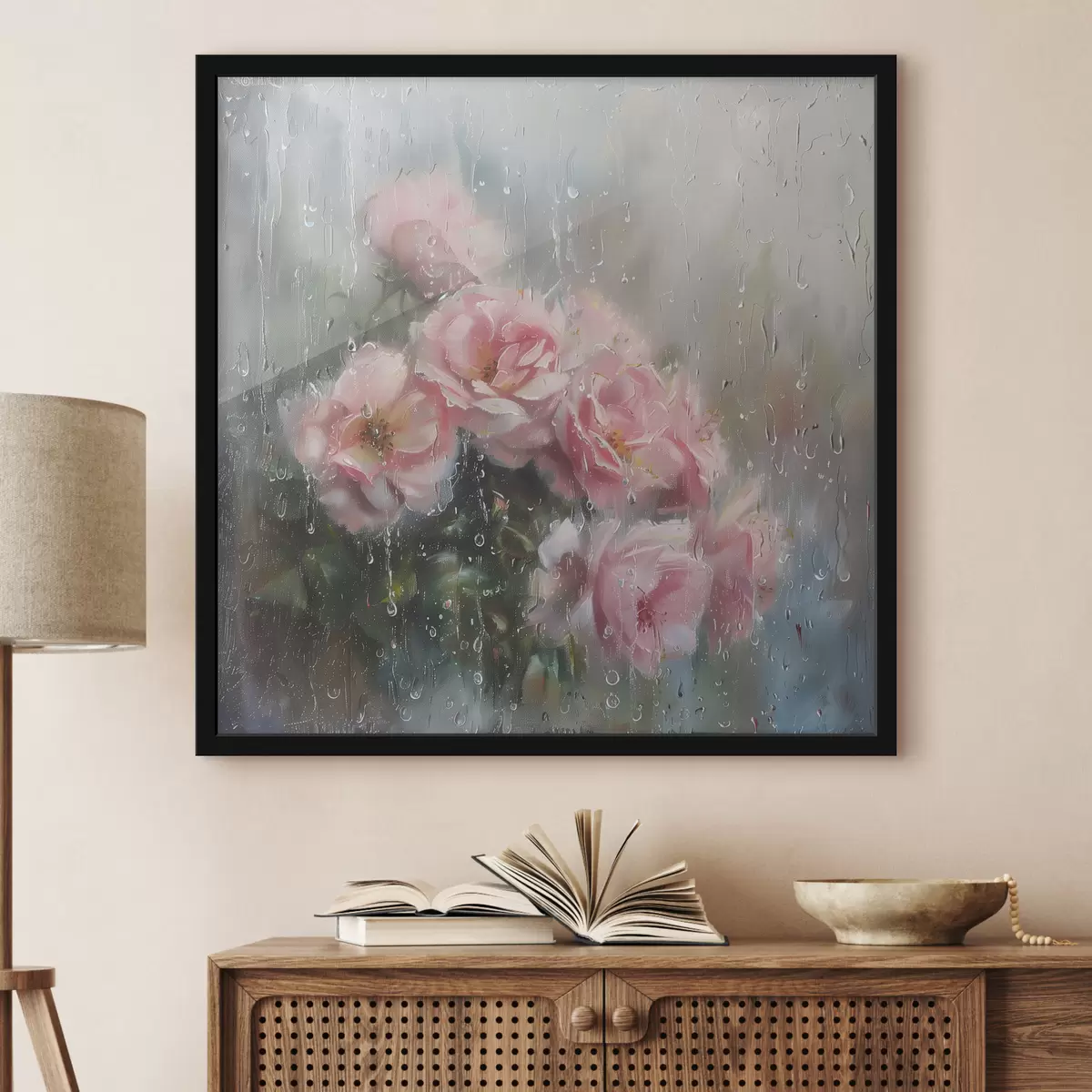 Poster Un ramo de rosas rosas en la ventana cuando llueve f40656