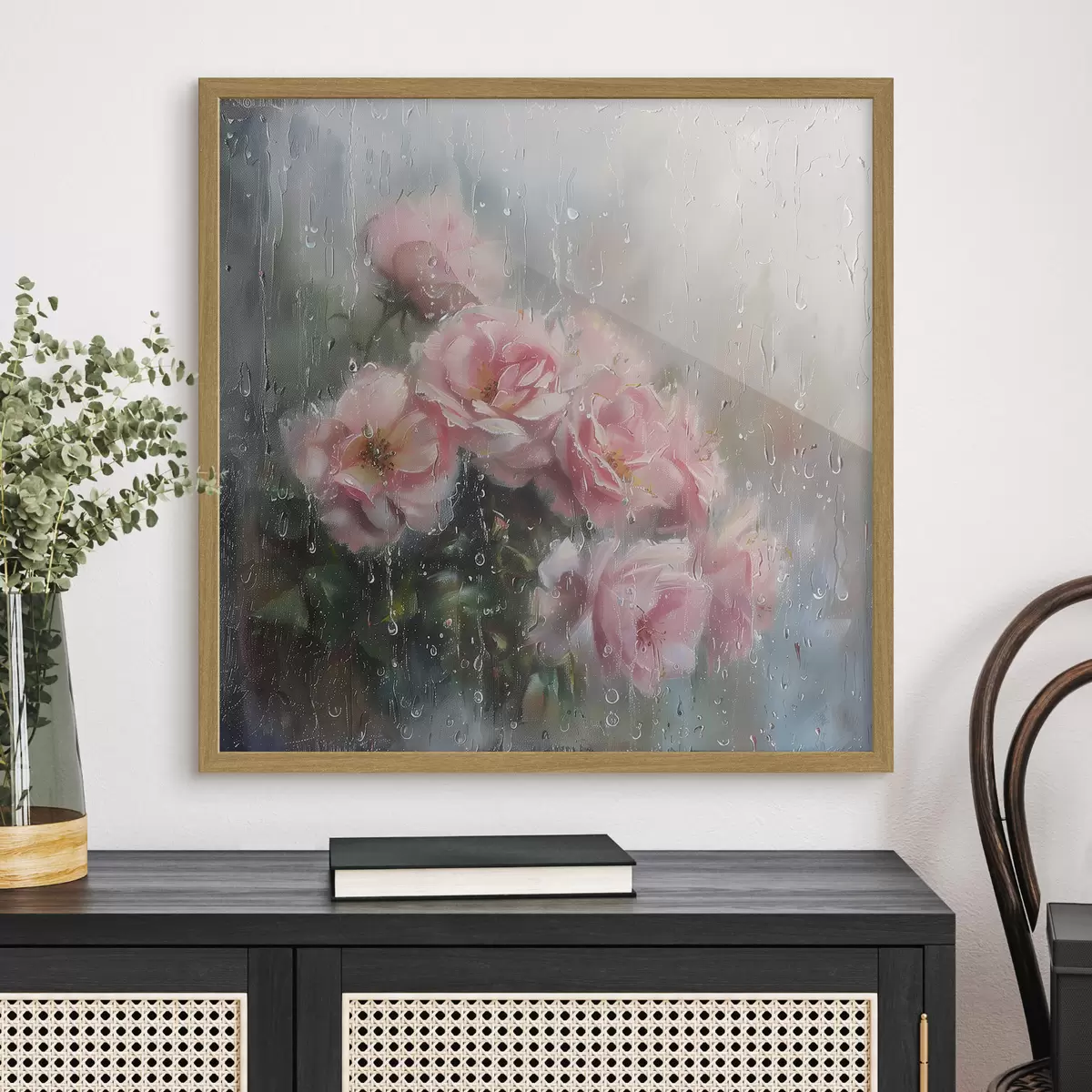 Poster Un ramo de rosas rosas en la ventana cuando llueve f40656
