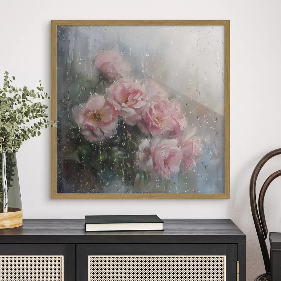 murales de pared Un ramo de rosas rosas en la ventana cuando llueve f40656