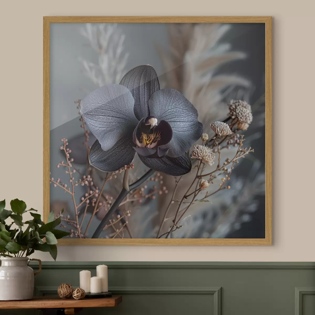 Poster Elegante arreglo floral de orquídea negra y otras flores secas f40661