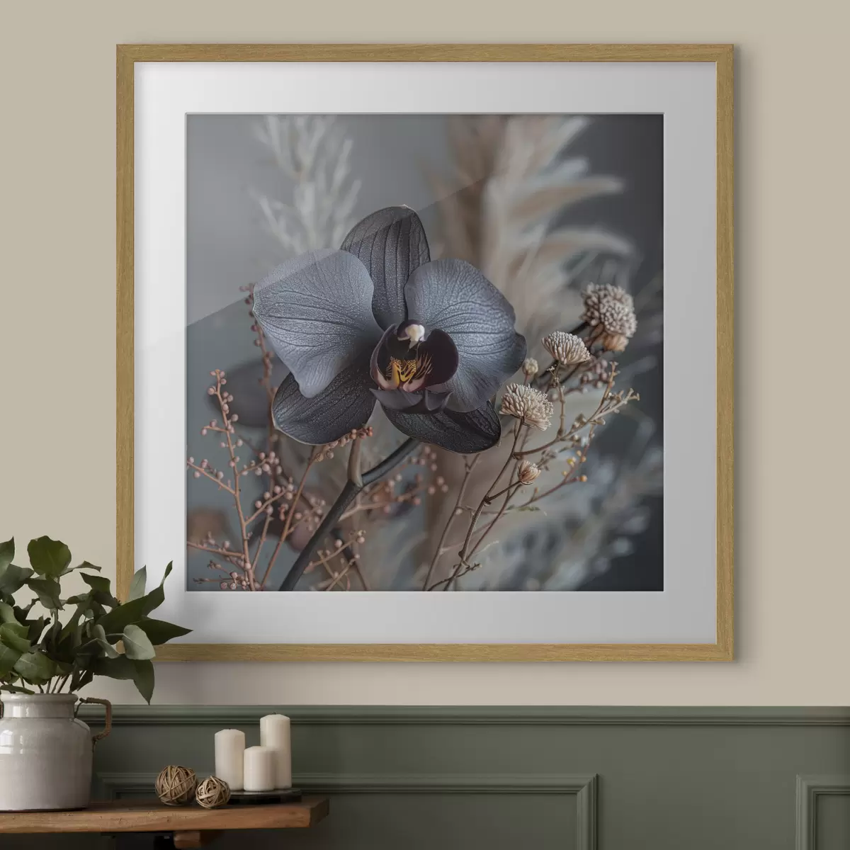 Poster Elegante arreglo floral de orquídea negra y otras flores secas f40661