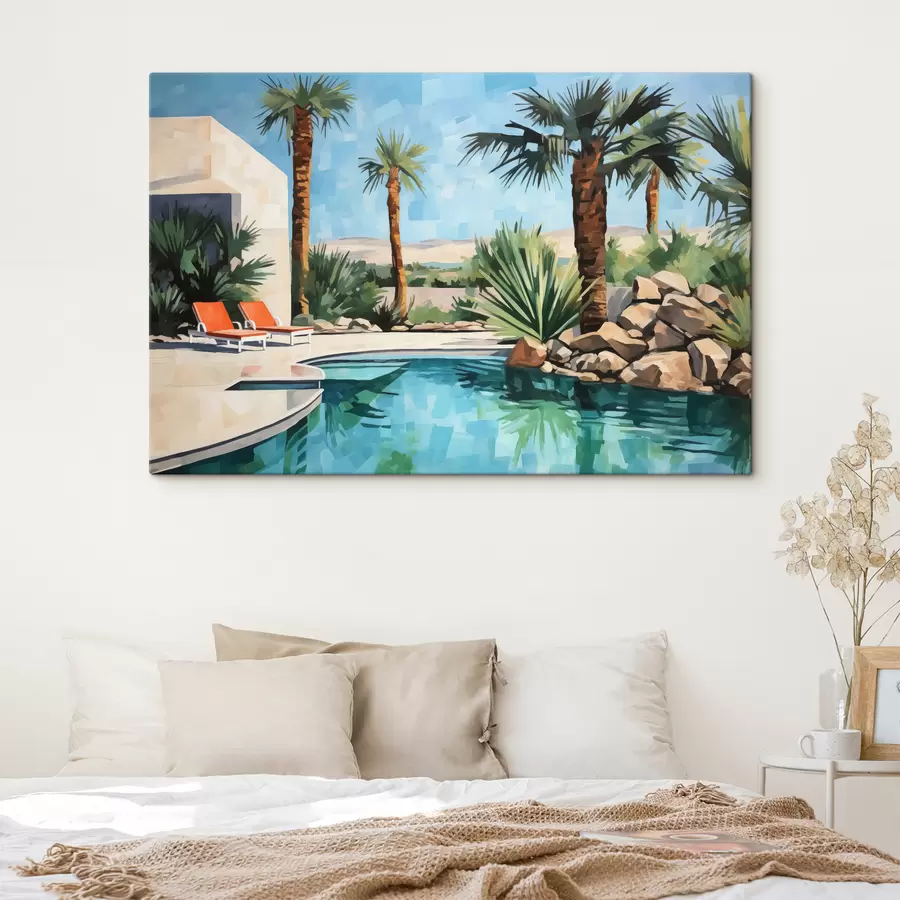 murales de pared Palmeras cerca del hotel con una piscina cerca de las rocas, de color azul, verde, rojo s40748