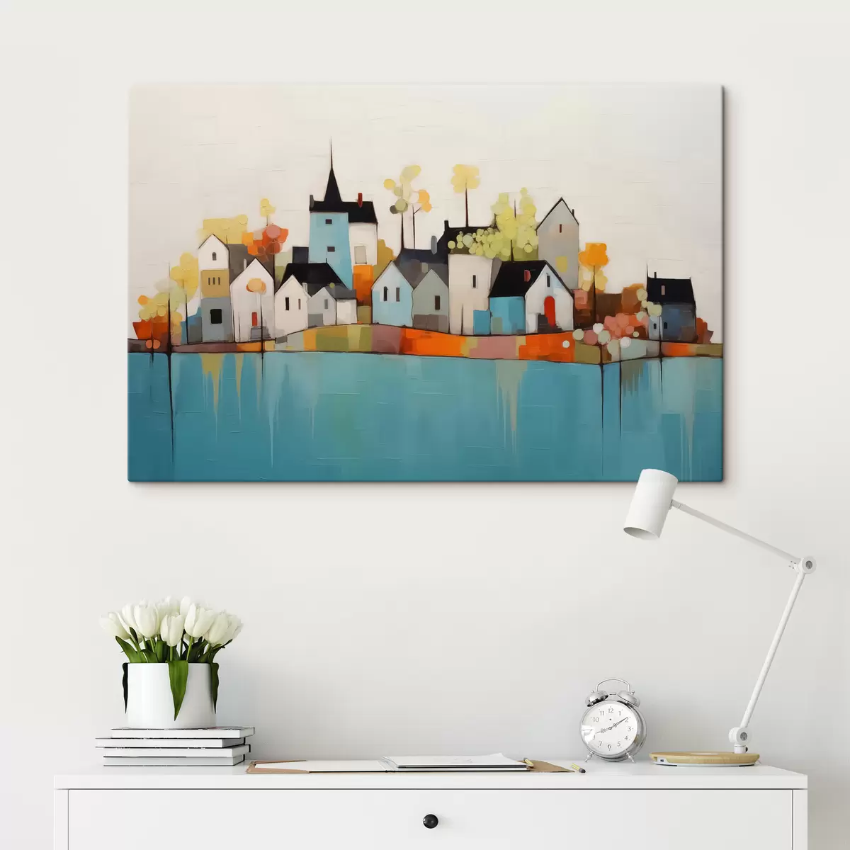 murales de pared Ciudad abstracta y casas, color azul, amarillo, rojo s40751