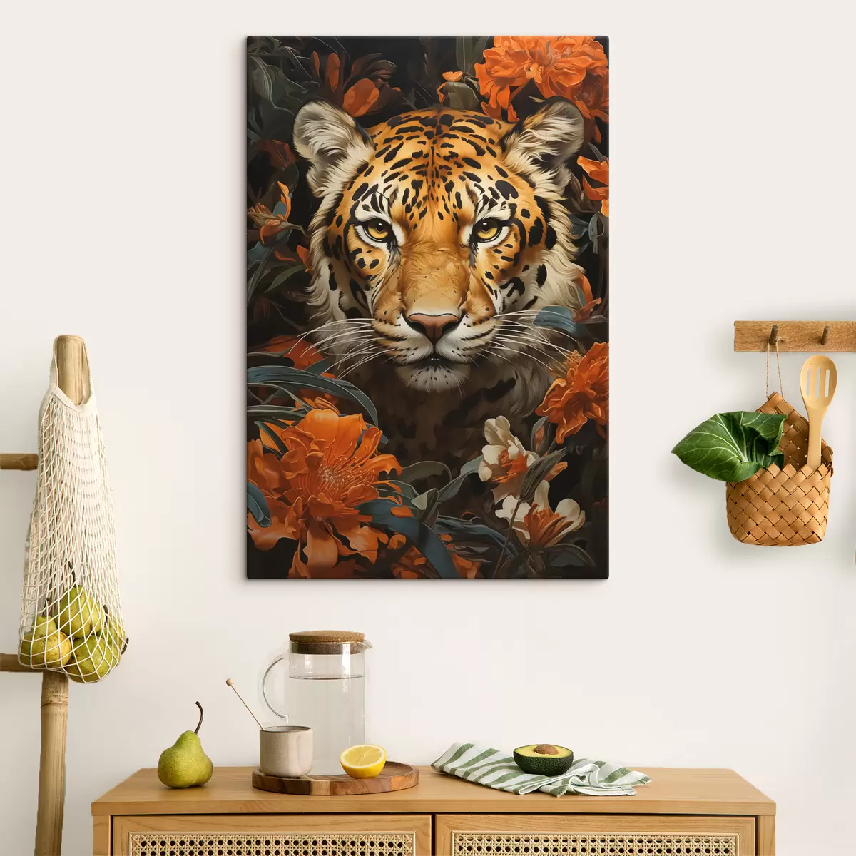 murales de pared Retrato de un tigre rodeado de flores tropicales s40757