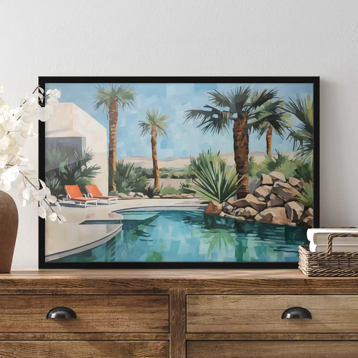 Poster Palmeras cerca del hotel con una piscina cerca de las rocas, de color azul, verde, rojo f40748