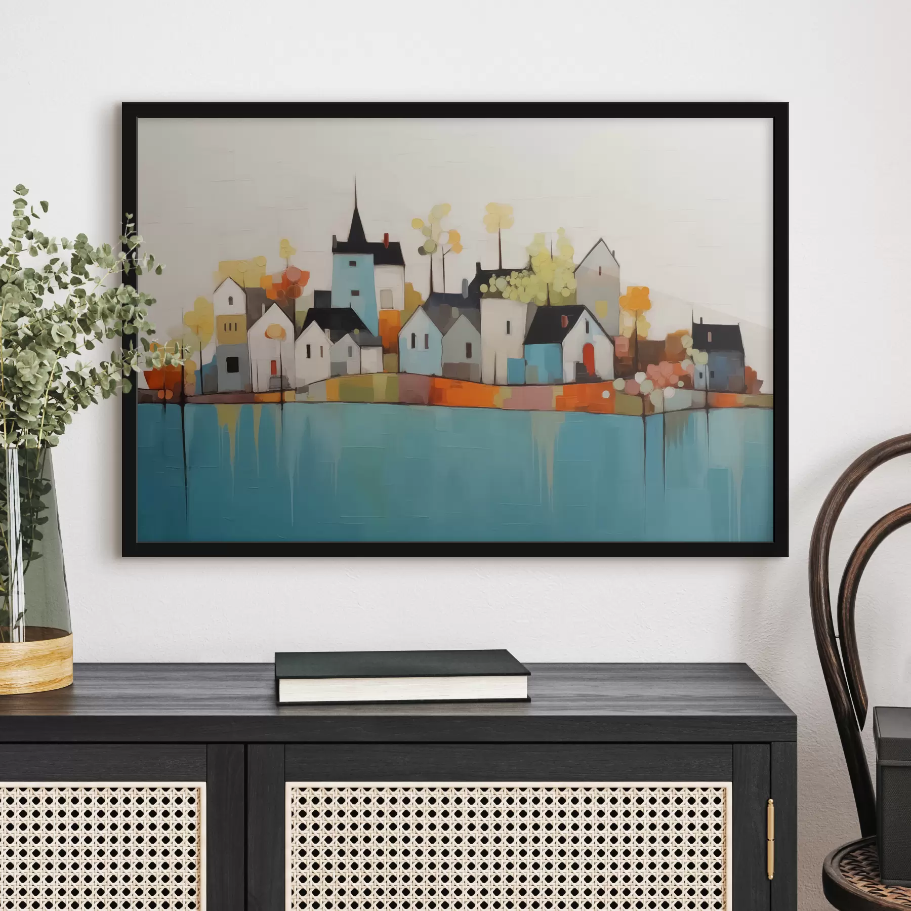 murales de pared Ciudad abstracta y casas, color azul, amarillo, rojo f40751