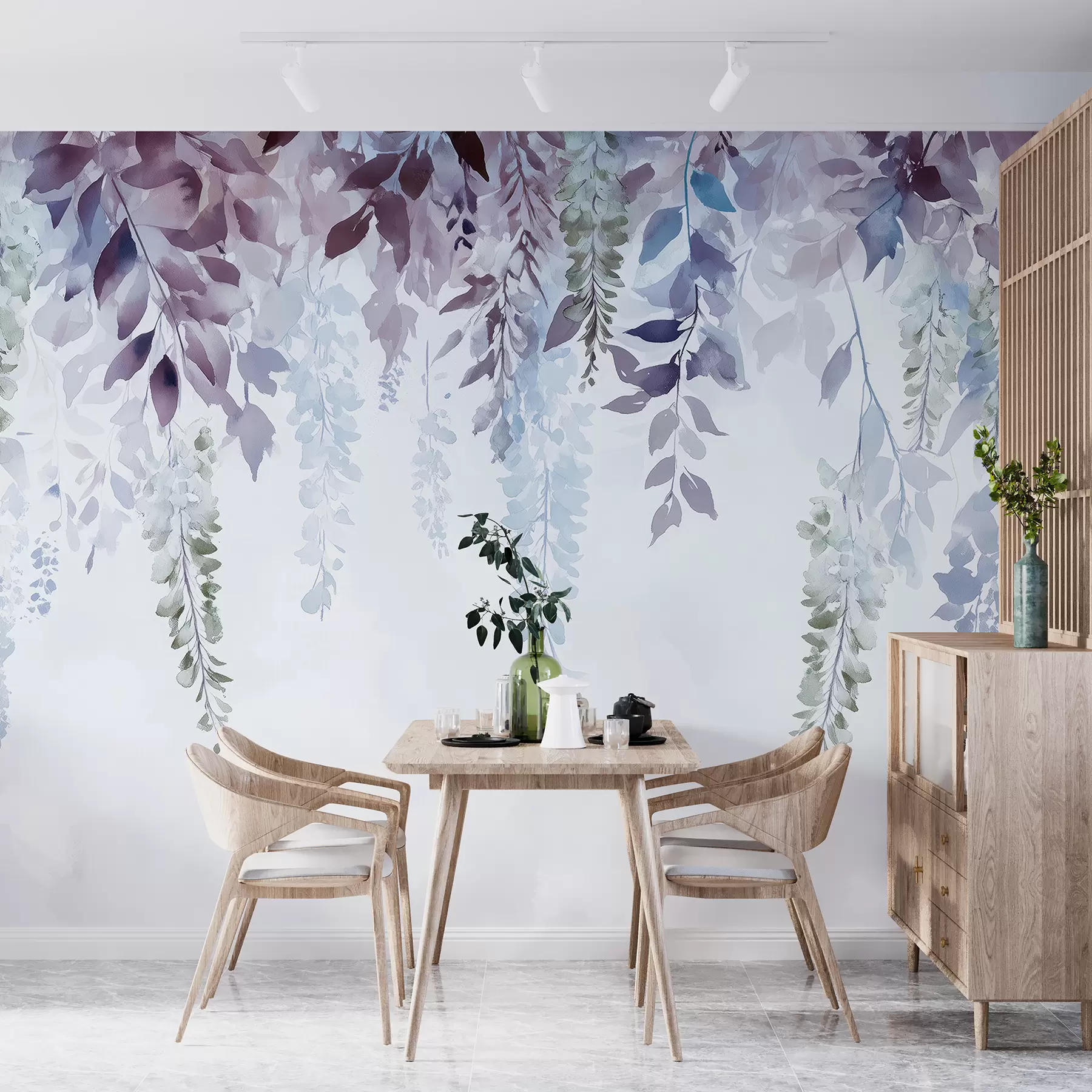 murales de pared Adorno de flor de glicina, floral, acuarela, colores azul y morado w01545v1