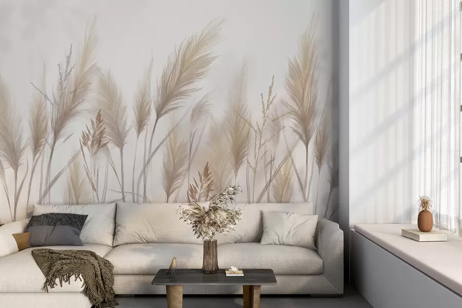 murales de pared Altas espiguillas de hierba beige mecidas por el viento sobre un fondo suave y claro w08268