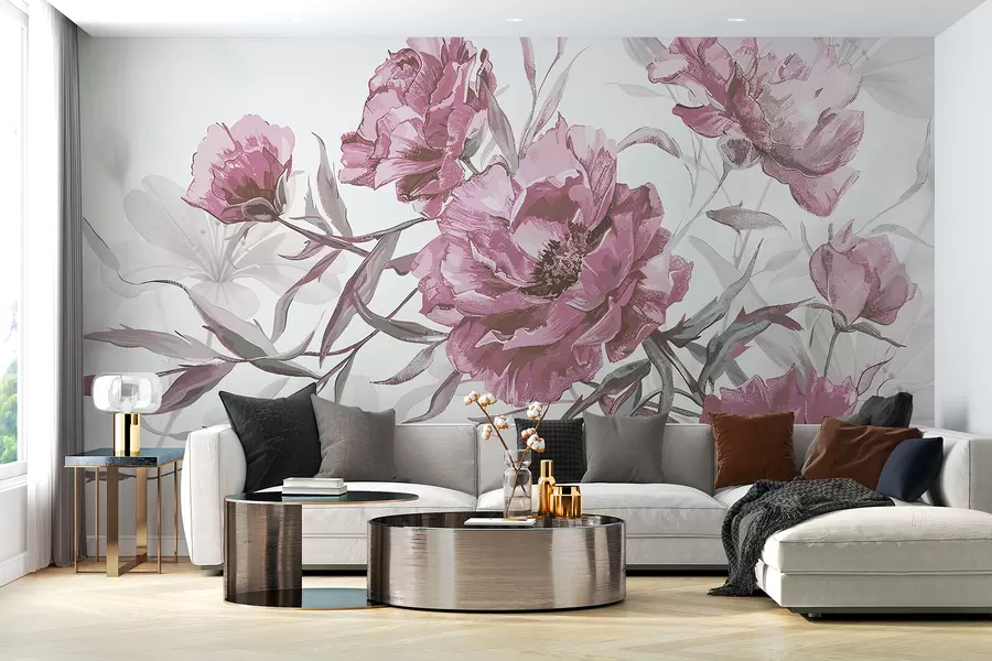 murales de pared Pintura de peonías rosas con exuberante follaje sobre un fondo abstracto claro  w08274