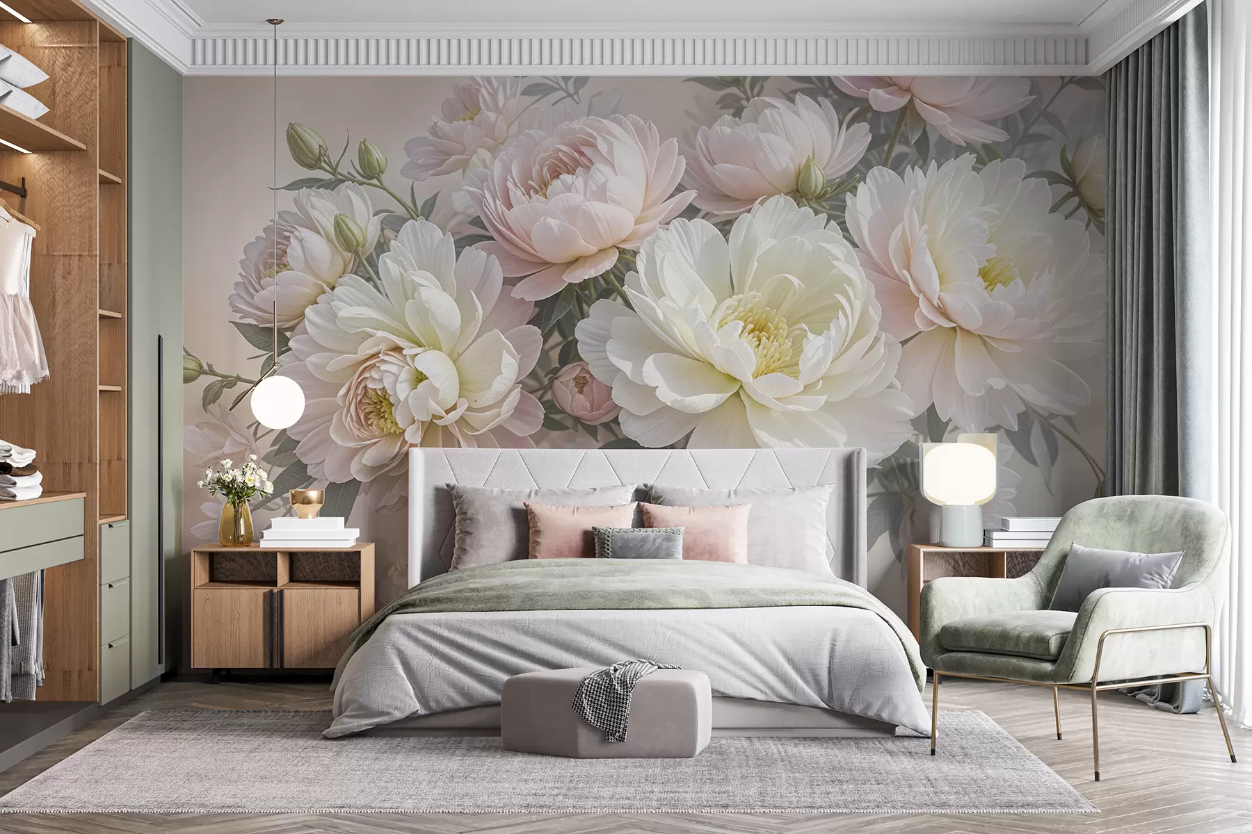 murales de pared Un ramo de exuberantes peonías de colores pastel y otras flores sobre un fondo suave y difuminado  w08276