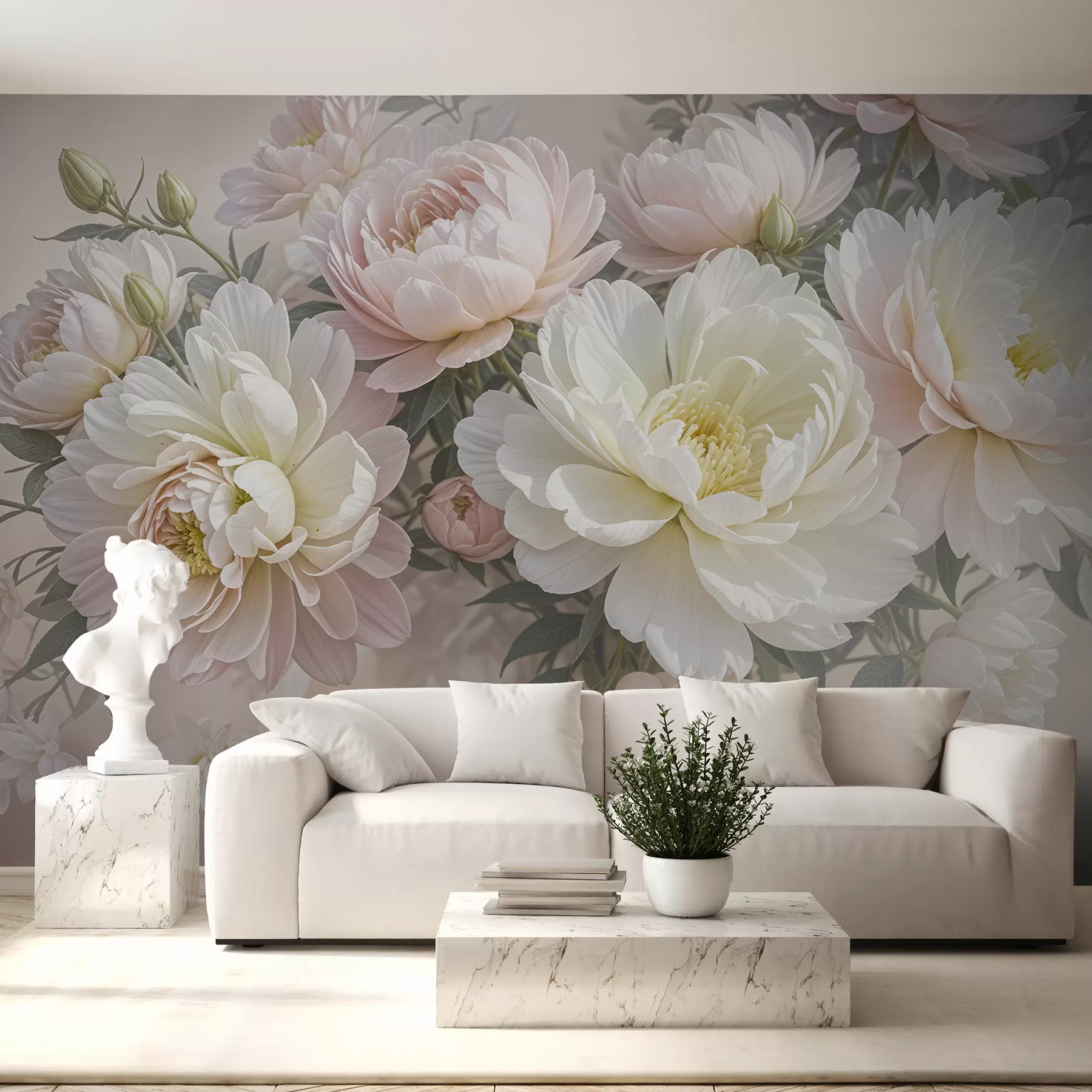 murales de pared Un ramo de exuberantes peonías de colores pastel y otras flores sobre un fondo suave y difuminado  w08276