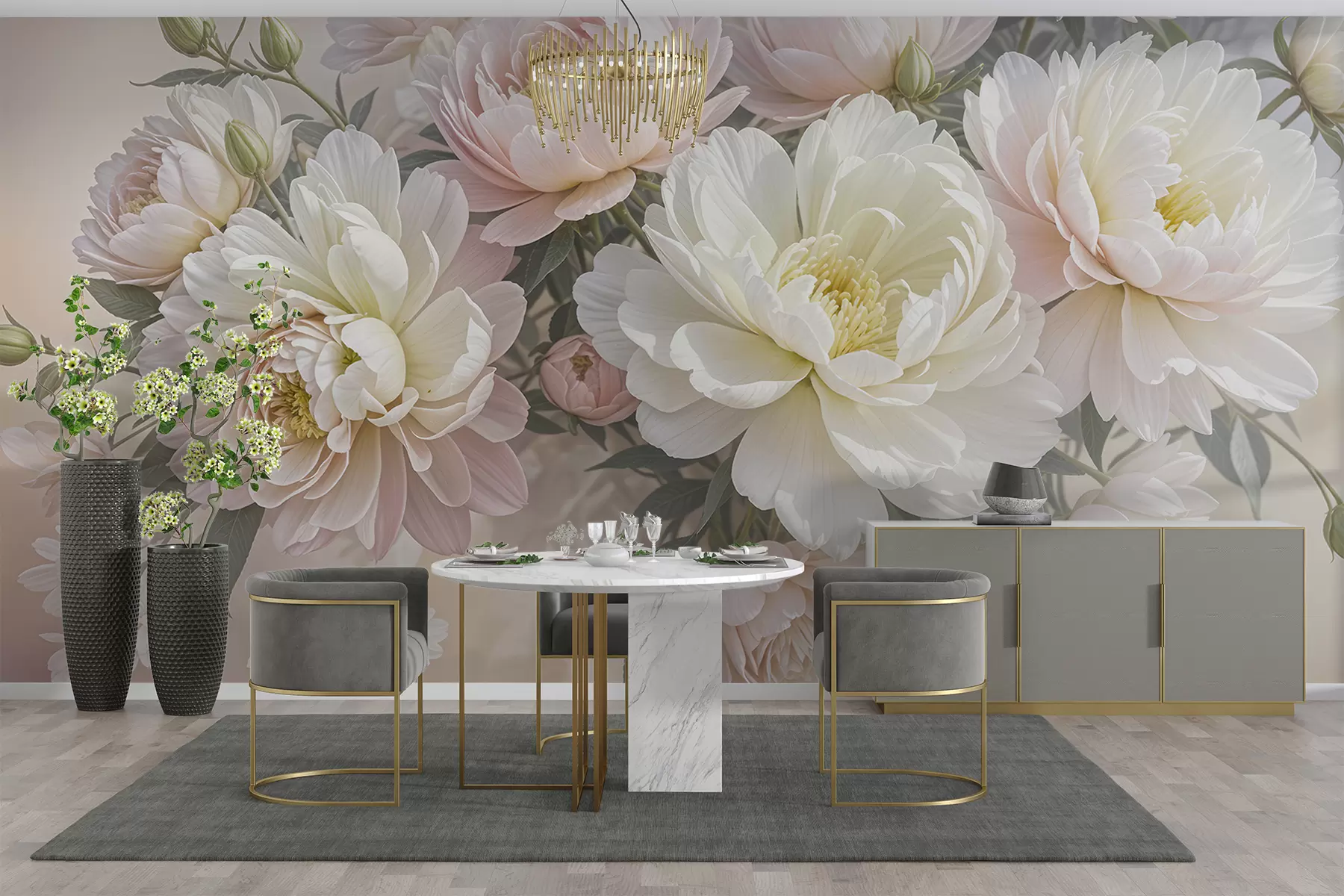 murales de pared Un ramo de exuberantes peonías de colores pastel y otras flores sobre un fondo suave y difuminado  w08276
