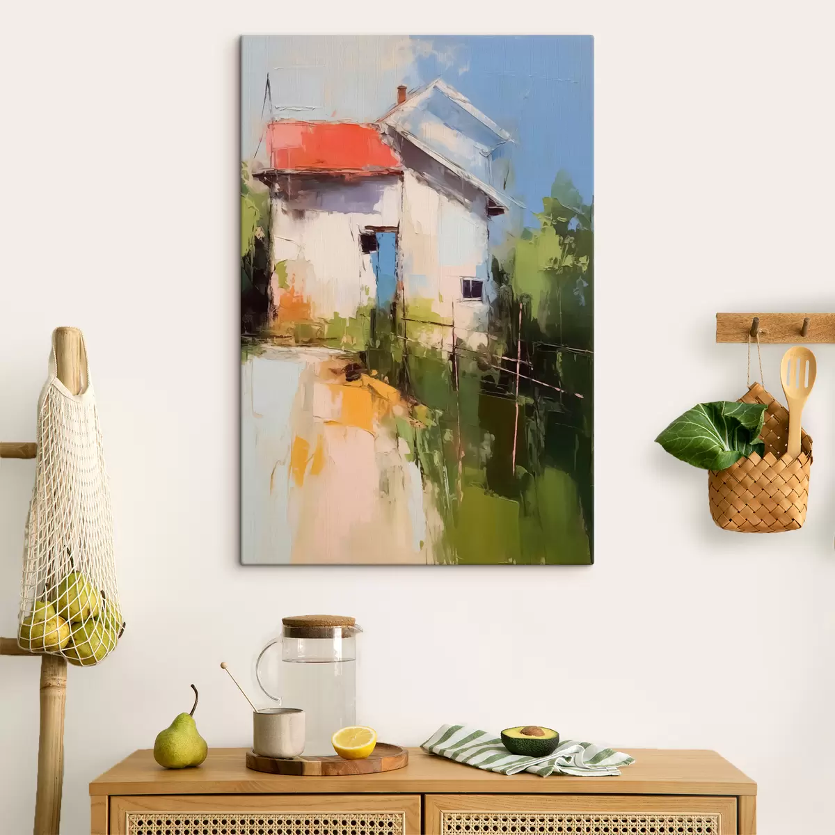 murales de pared Paisaje abstracto casa por el jardín, rojo, azul, verde, color amarillo s40689