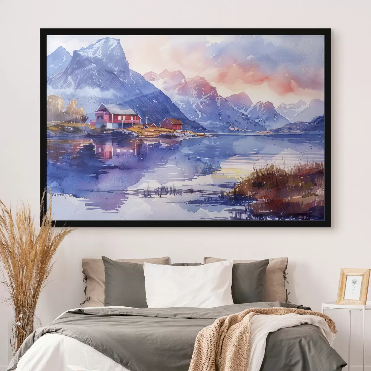 Poster Pueblo noruego, cielo al atardecer, río tranquilo, montañas, acuarela f40311