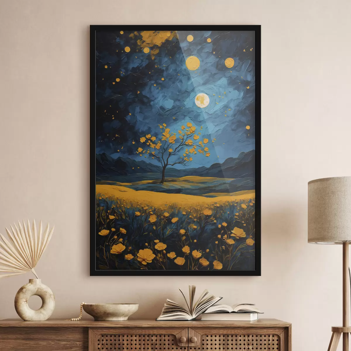 Poster Campo de flores amarillas de noche f40643