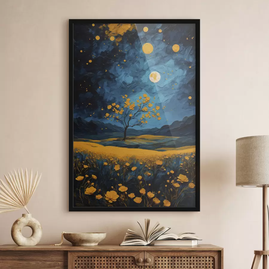 murales de pared Campo de flores amarillas de noche f40643