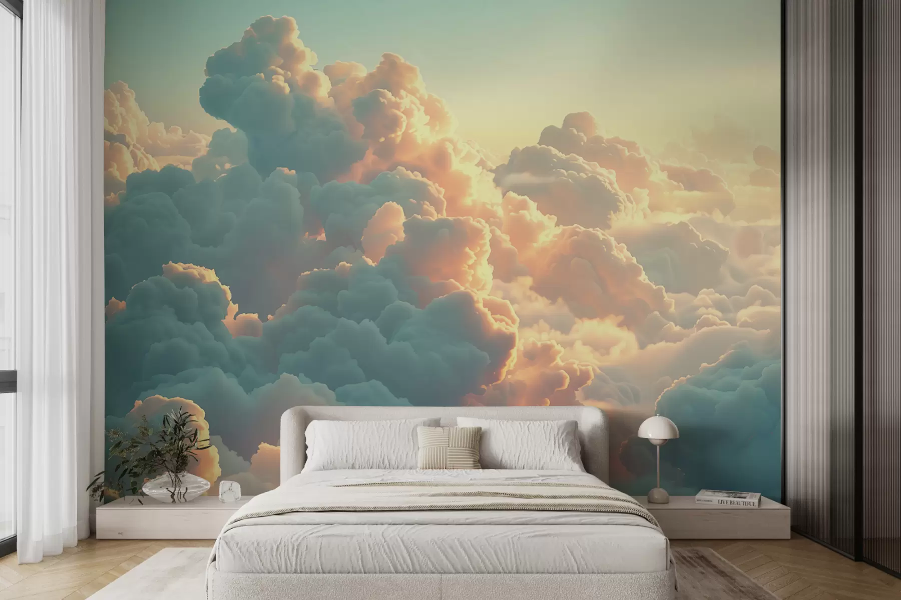 murales de pared Cielo brillante con muchas nubes de colores claros w01543