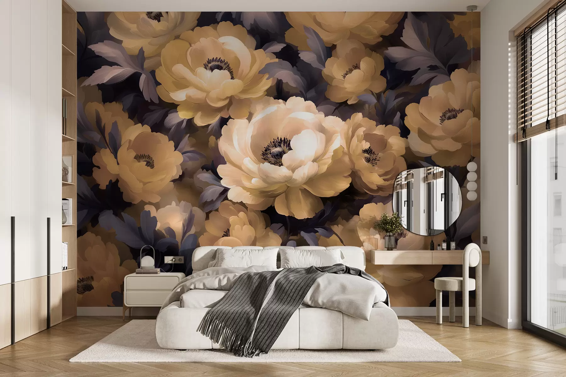 murales de pared Pintura al óleo de estilo floral basada en el color beige y morado w01581