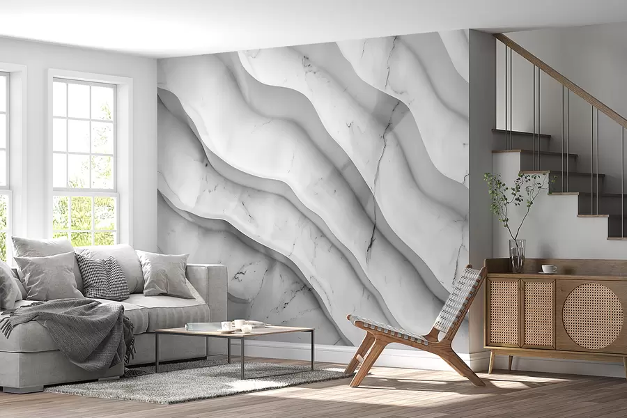 murales de pared Composición abstracta de texturas suaves y onduladas similares al mármol en tonos claros de blanco y gris w01588