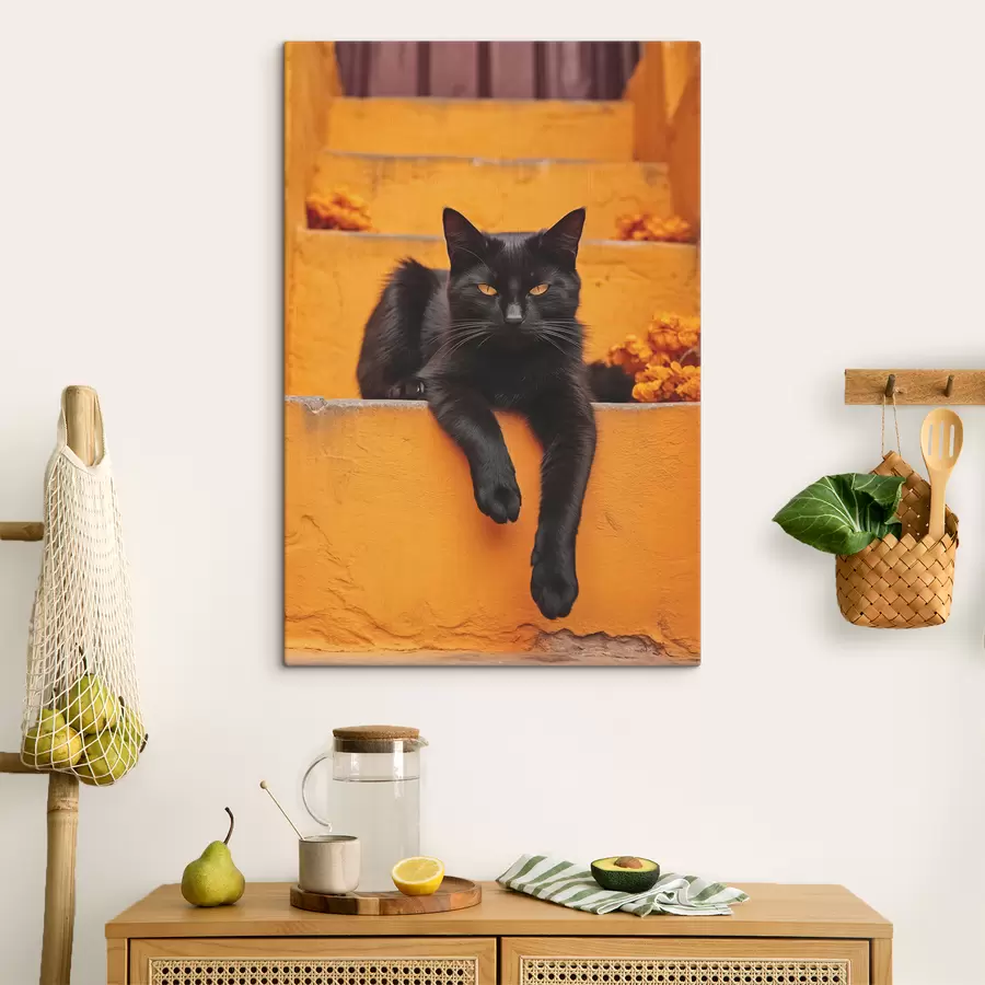murales de pared Un gato negro yace en unos escalones amarillos s40798