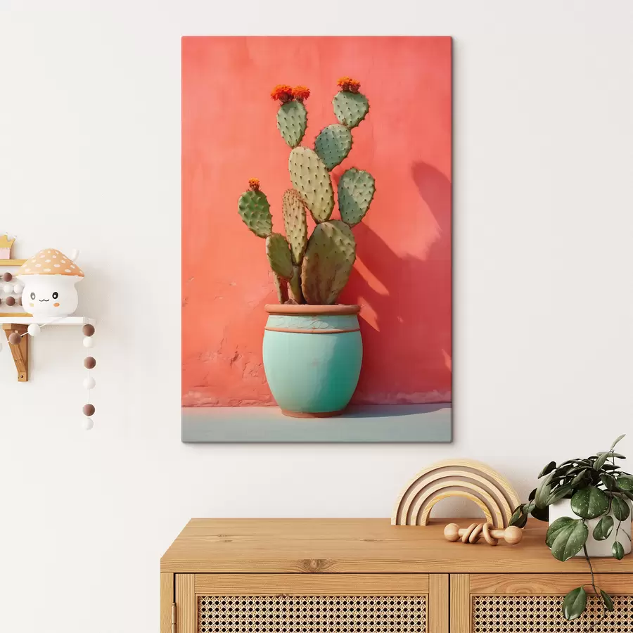murales de pared Cactus en una maceta ligera contra una pared rosa rojiza s40800