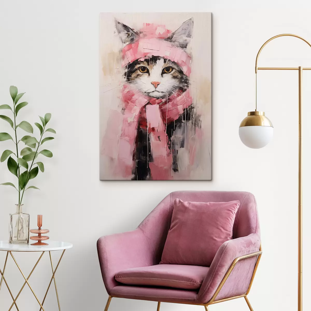 murales de pared Gato negro gris con gorro y bufanda rosa s40801