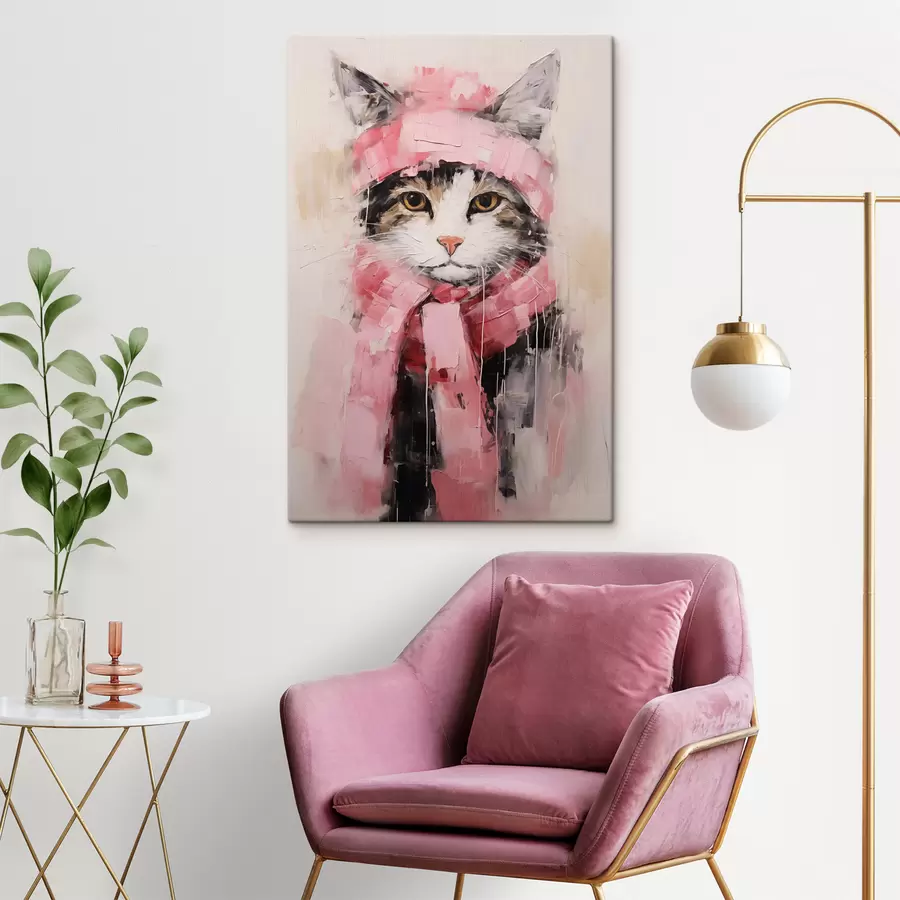 murales de pared Gato negro gris con gorro y bufanda rosa s40801