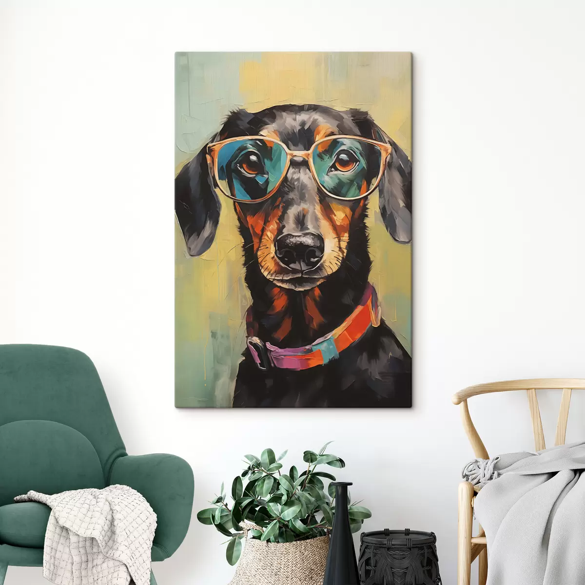 murales de pared Retrato de un perro salchicha negro con gafas s40803
