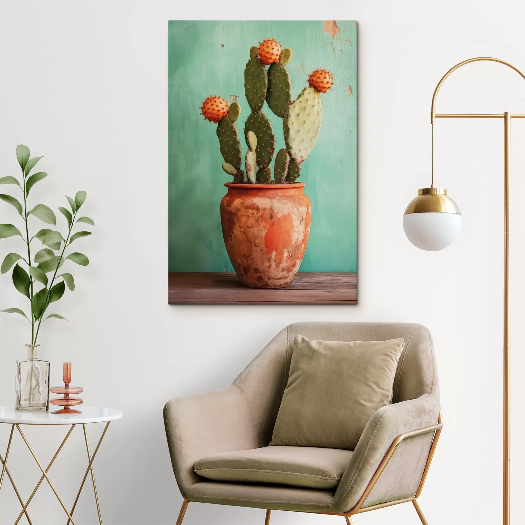 murales de pared Cactus en una vieja maceta de barro contra una pared azul verdosa s40807