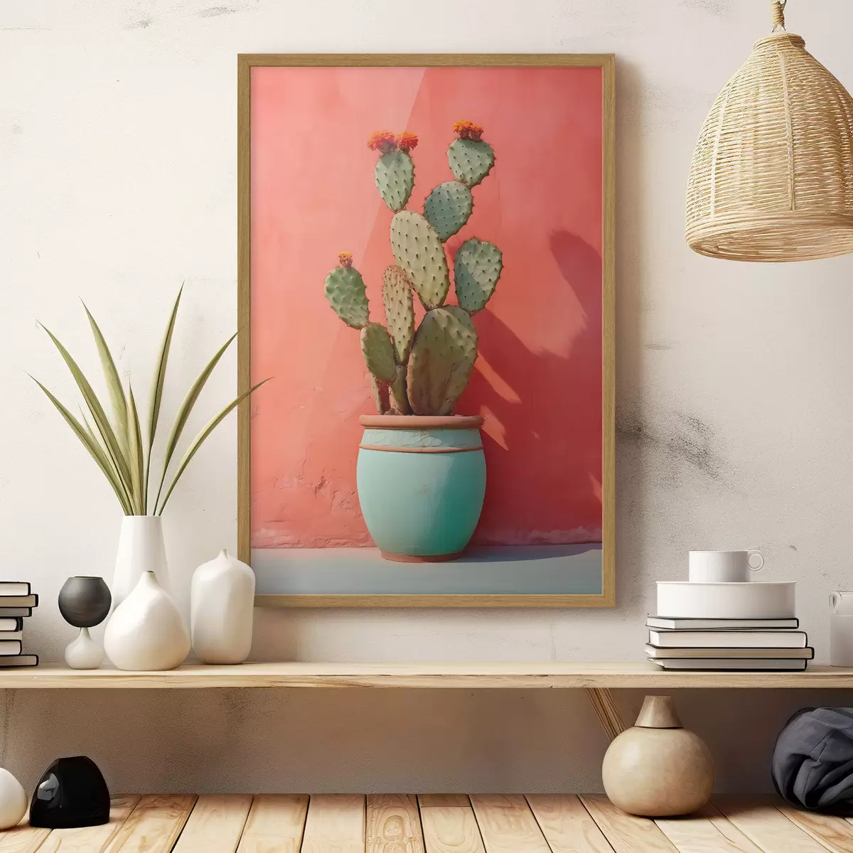 Poster Cactus en una maceta ligera contra una pared rosa rojiza f40800