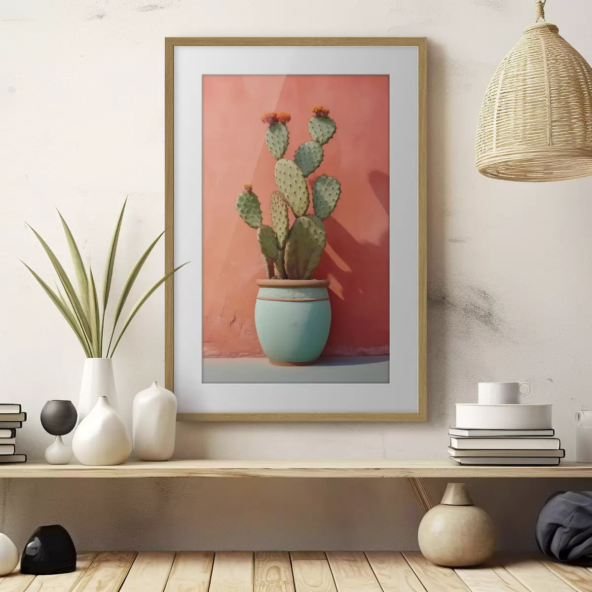 Poster Cactus en una maceta ligera contra una pared rosa rojiza f40800