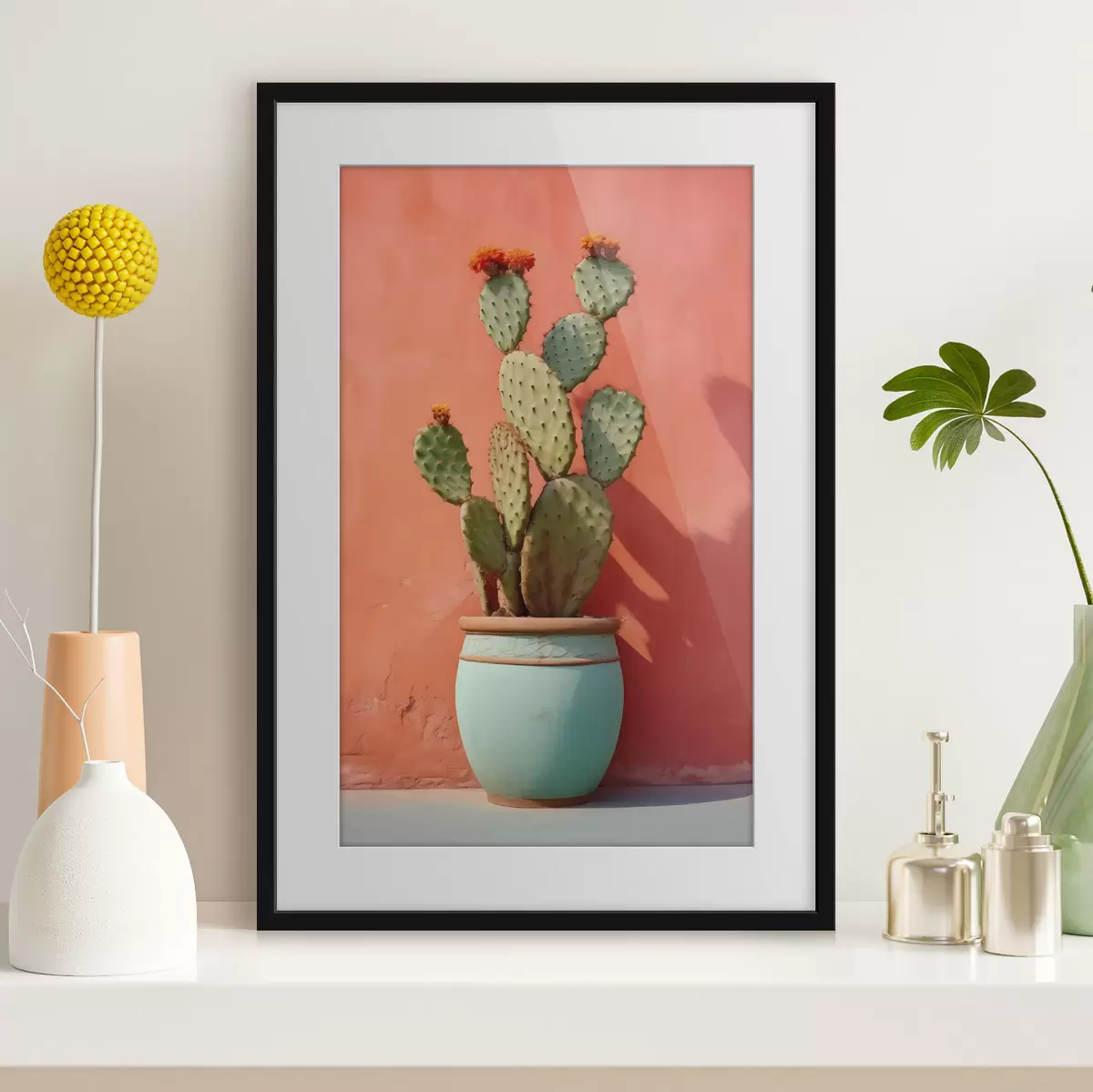 Poster Cactus en una maceta ligera contra una pared rosa rojiza f40800