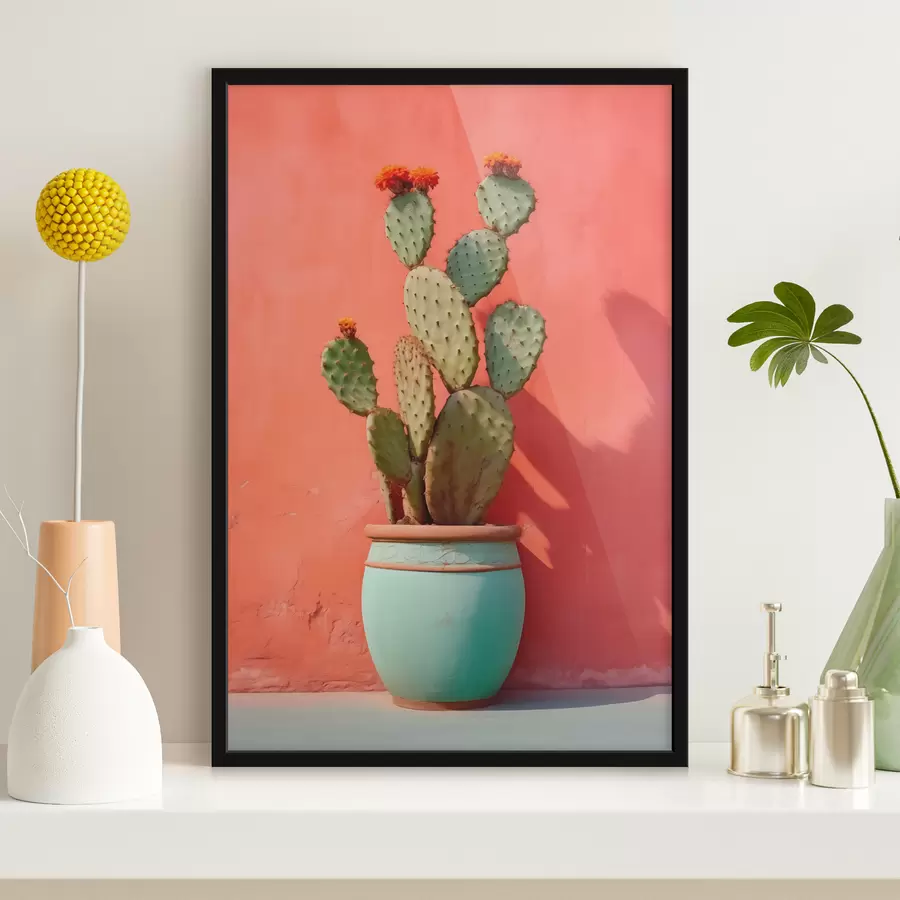 murales de pared Cactus en una maceta ligera contra una pared rosa rojiza f40800