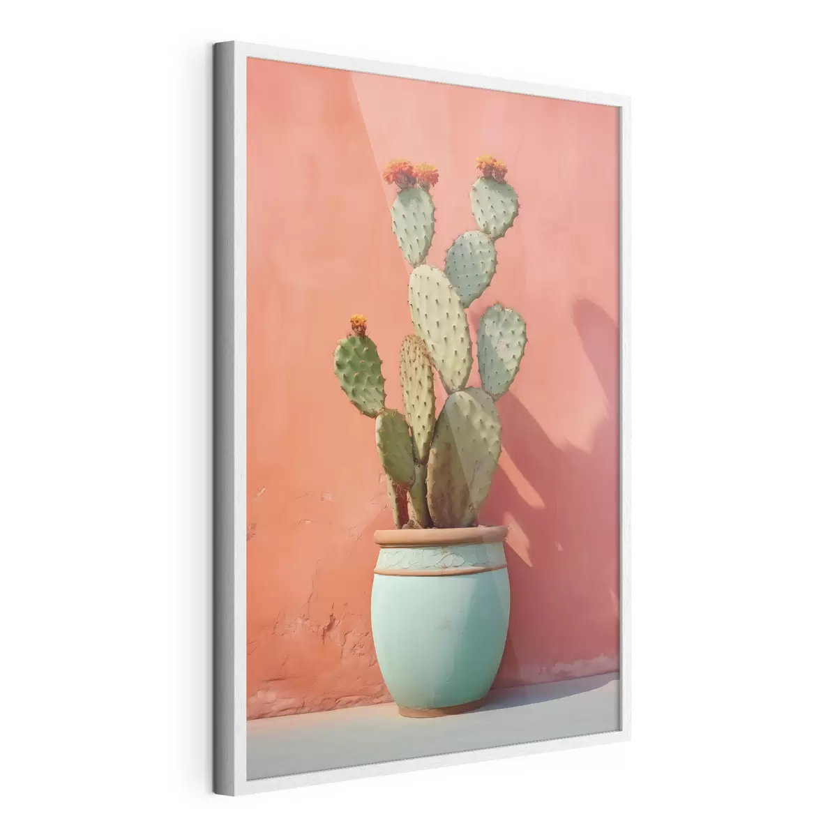 Poster Cactus en una maceta ligera contra una pared rosa rojiza f40800
