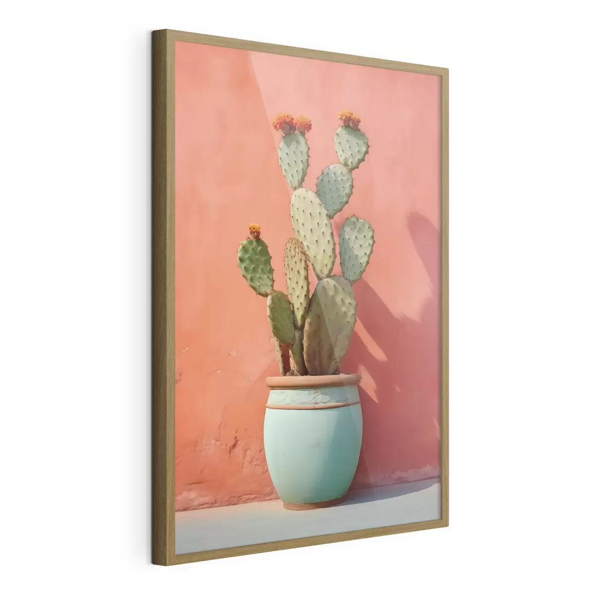Poster Cactus en una maceta ligera contra una pared rosa rojiza f40800