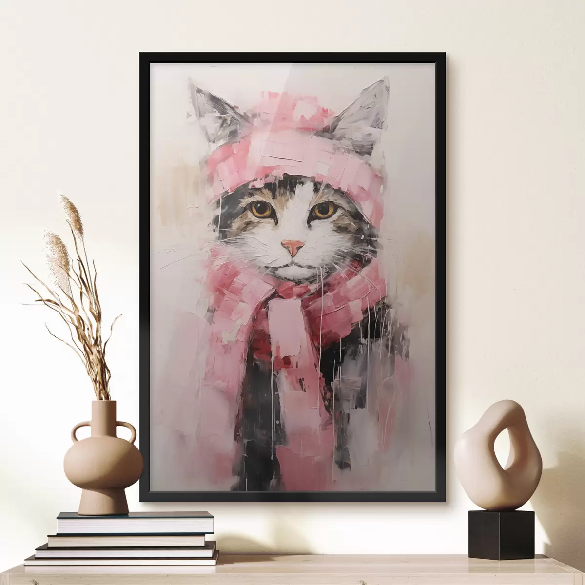 Poster Gato negro gris con gorro y bufanda rosa f40801