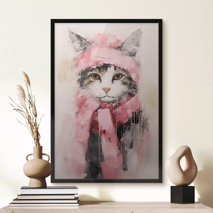 murales de pared Gato negro gris con gorro y bufanda rosa f40801