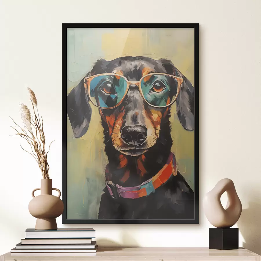 murales de pared Retrato de un perro salchicha negro con gafas f40803