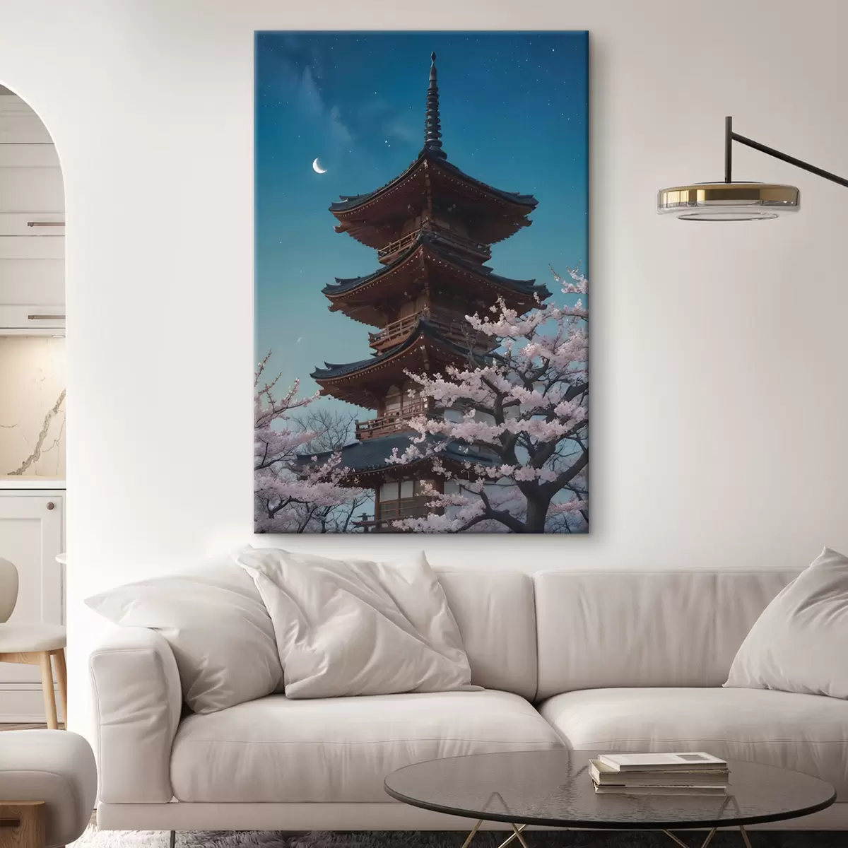 murales de pared Una pagoda tradicional japonesa con una luna creciente en el cielo y cerezos en flor s40586