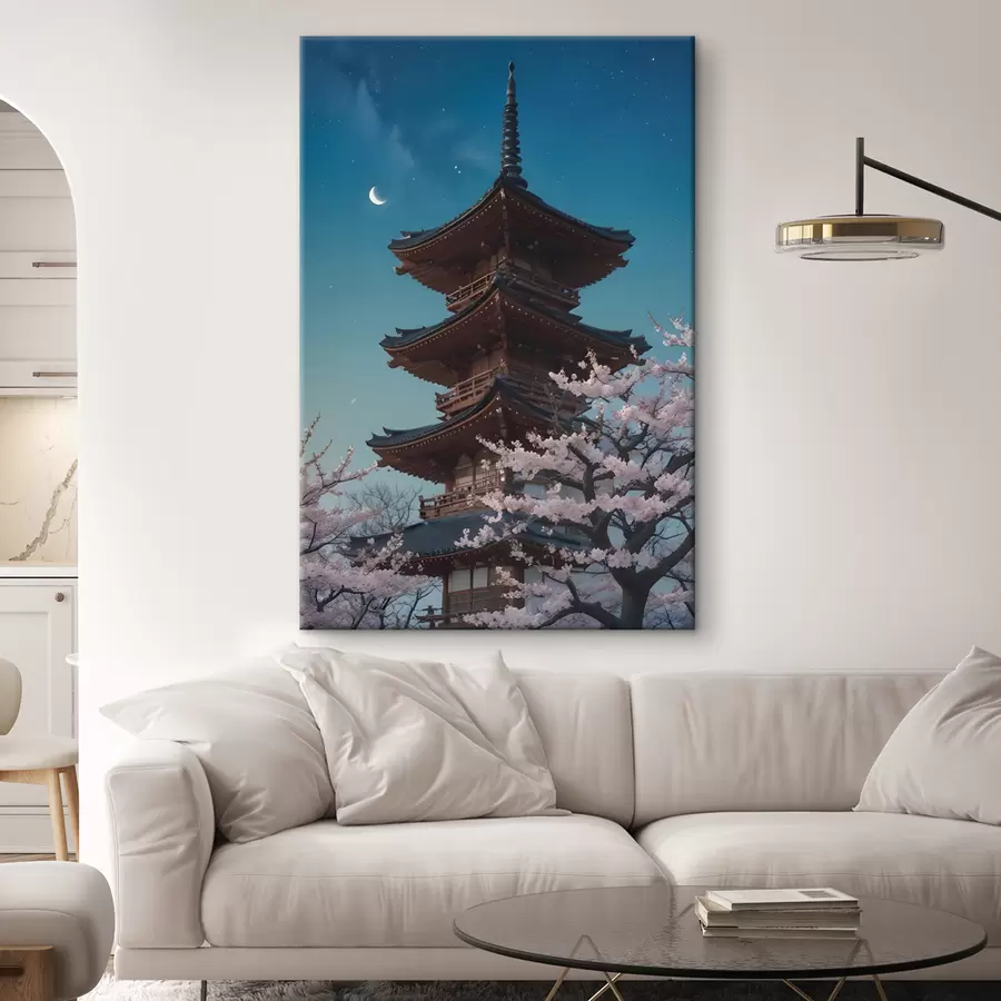 murales de pared Una pagoda tradicional japonesa con una luna creciente en el cielo y cerezos en flor s40586