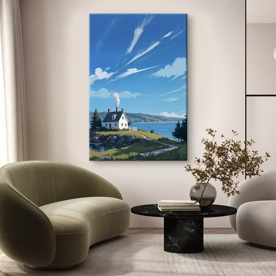 murales de pared Una casa blanca en una colina cubierta de hierba con montañas al fondo y un cielo azul con nubes difusas s40587