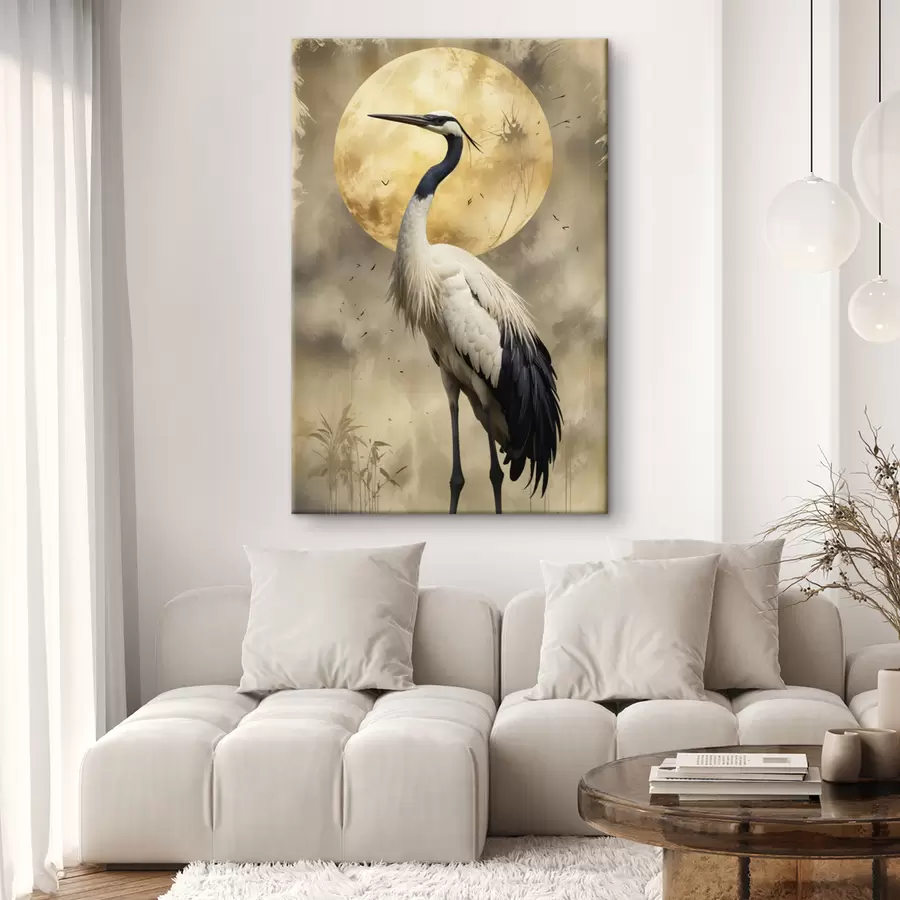 murales de pared Una majestuosa grulla gris frente a una gran luna llena, con un fondo natural difuminado s40591