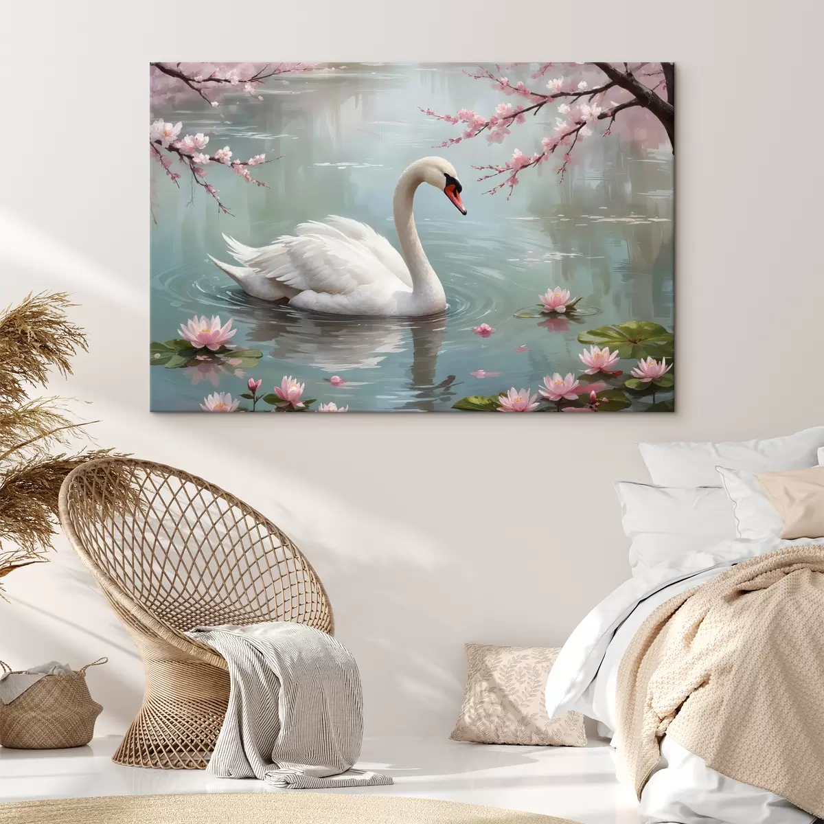 murales de pared Un elegante cisne blanco nadando en un sereno estanque rodeado de cerezos rosas en flor s40597