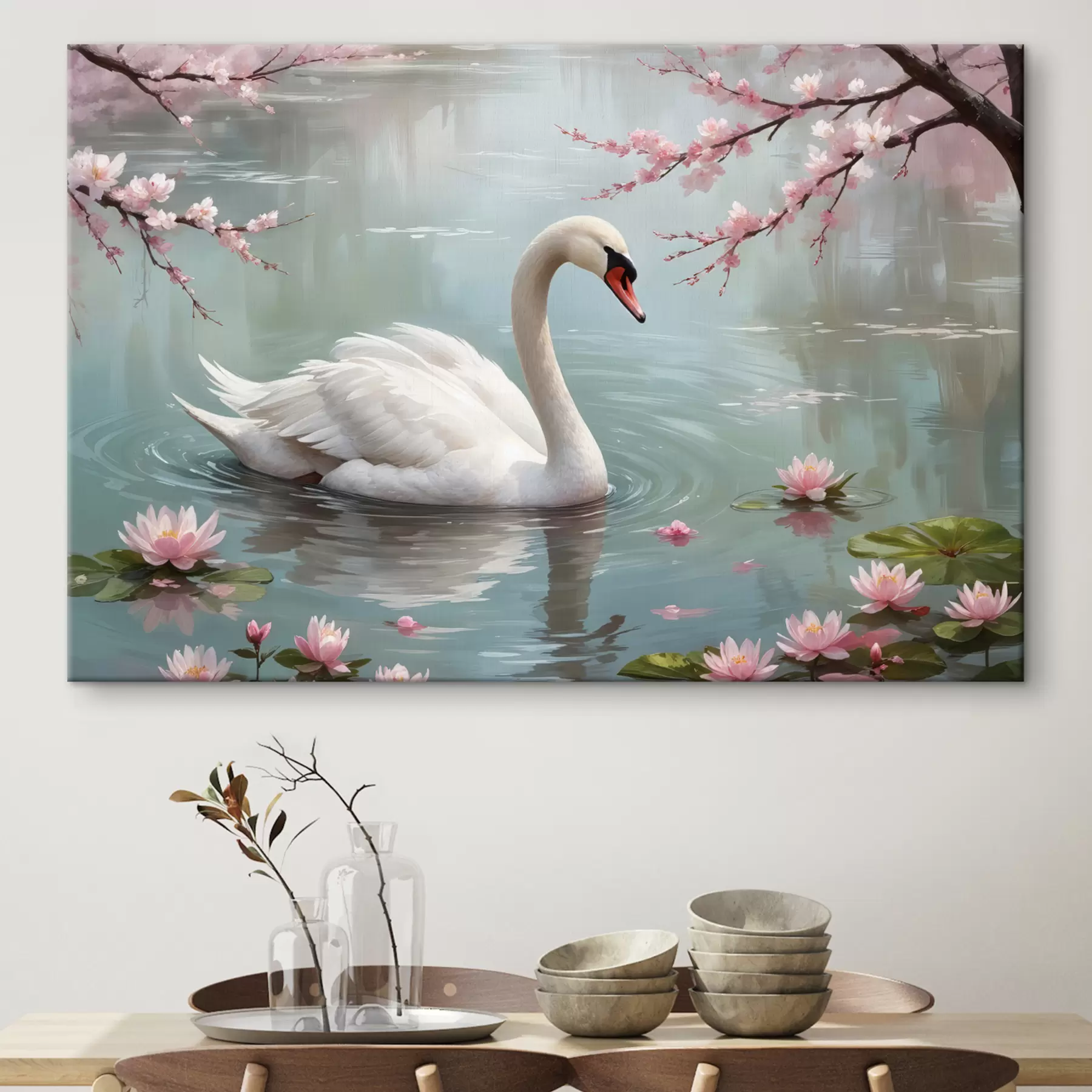 murales de pared Un elegante cisne blanco nadando en un sereno estanque rodeado de cerezos rosas en flor s40597