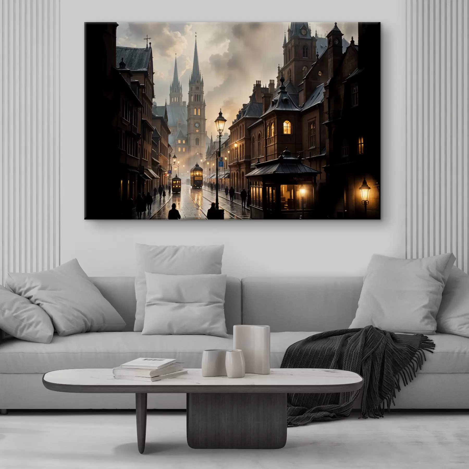 murales de pared Una tarde lluviosa en una vieja ciudad europea, con calles adoquinadas, edificios históricos y un tranvía que pasa por delante s40604