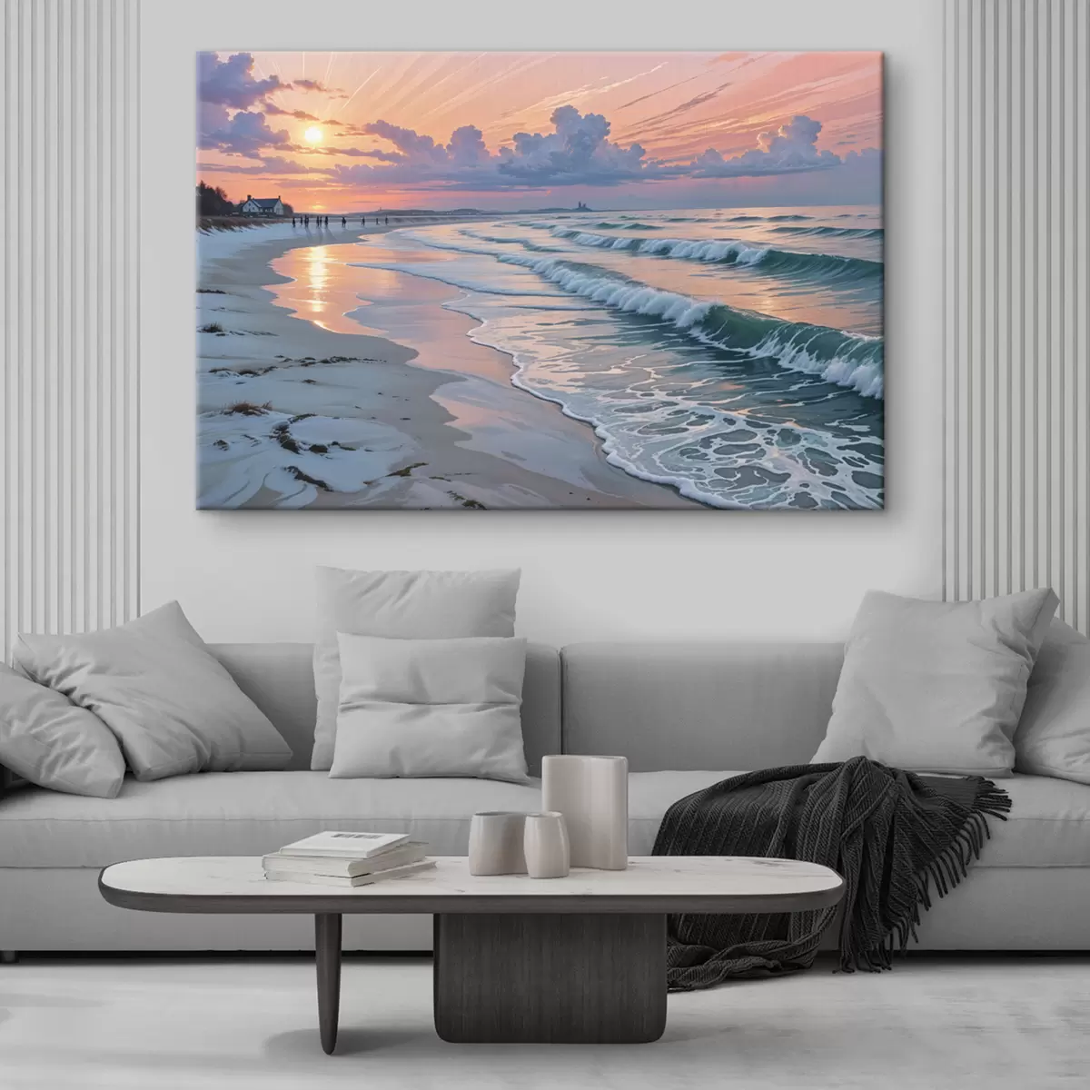 murales de pared Una serena escena playera al atardecer, con suaves olas rompiendo contra la arena de la orilla s40606